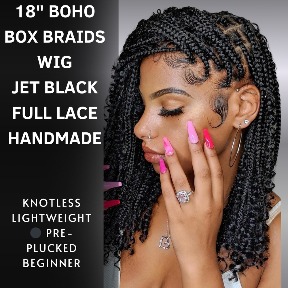 Jet Black Boho Box Braids Wig - Full Lace Handmade